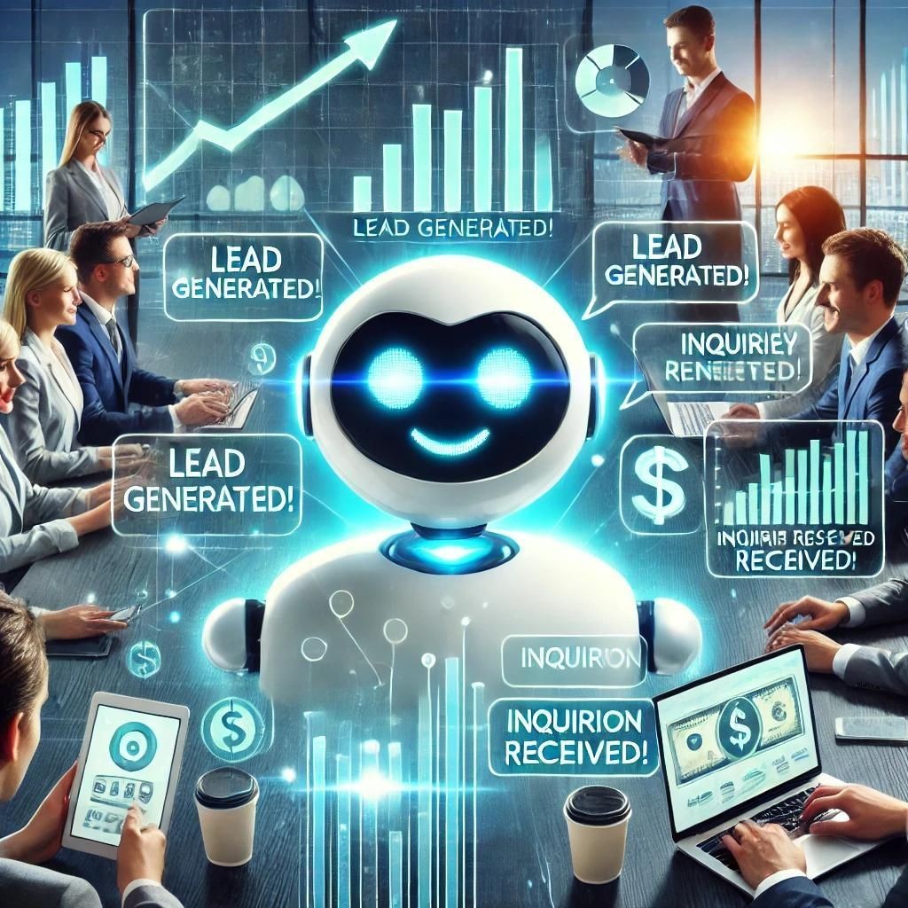 Smiling robot surrounded by business people using devices, digital graphs, and lead generation notifications.