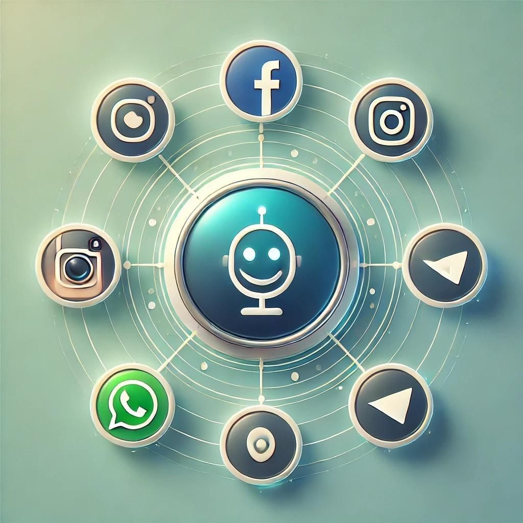 Illustration of a robot icon linked to social media logos on a network hub.